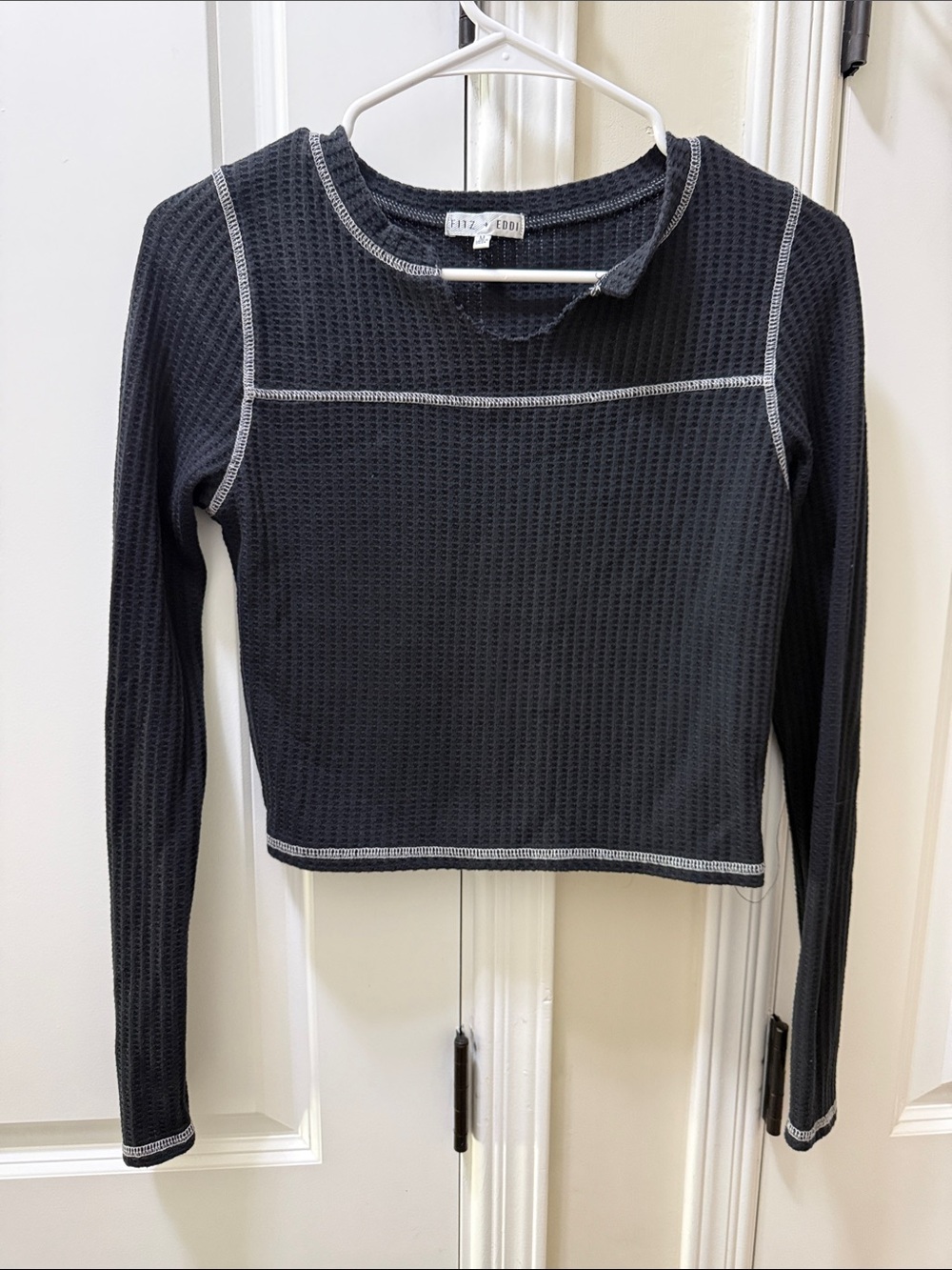 Black Waffle-Knit Long Sleeve Crop Top with Contrast Stitching